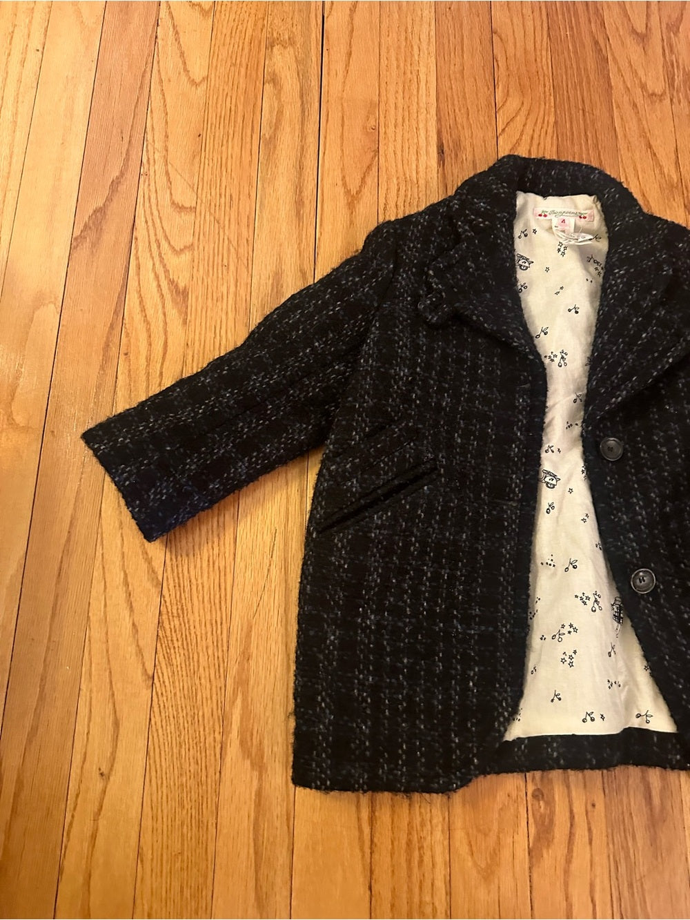 Bonpoint Kids Black Tweed Button Front Wool Coat with Subtle Threading Size 4