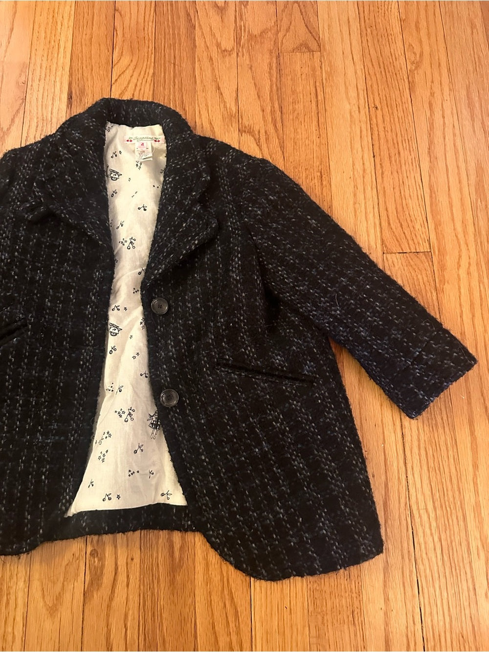Bonpoint Kids Black Tweed Button Front Wool Coat with Subtle Threading Size 4