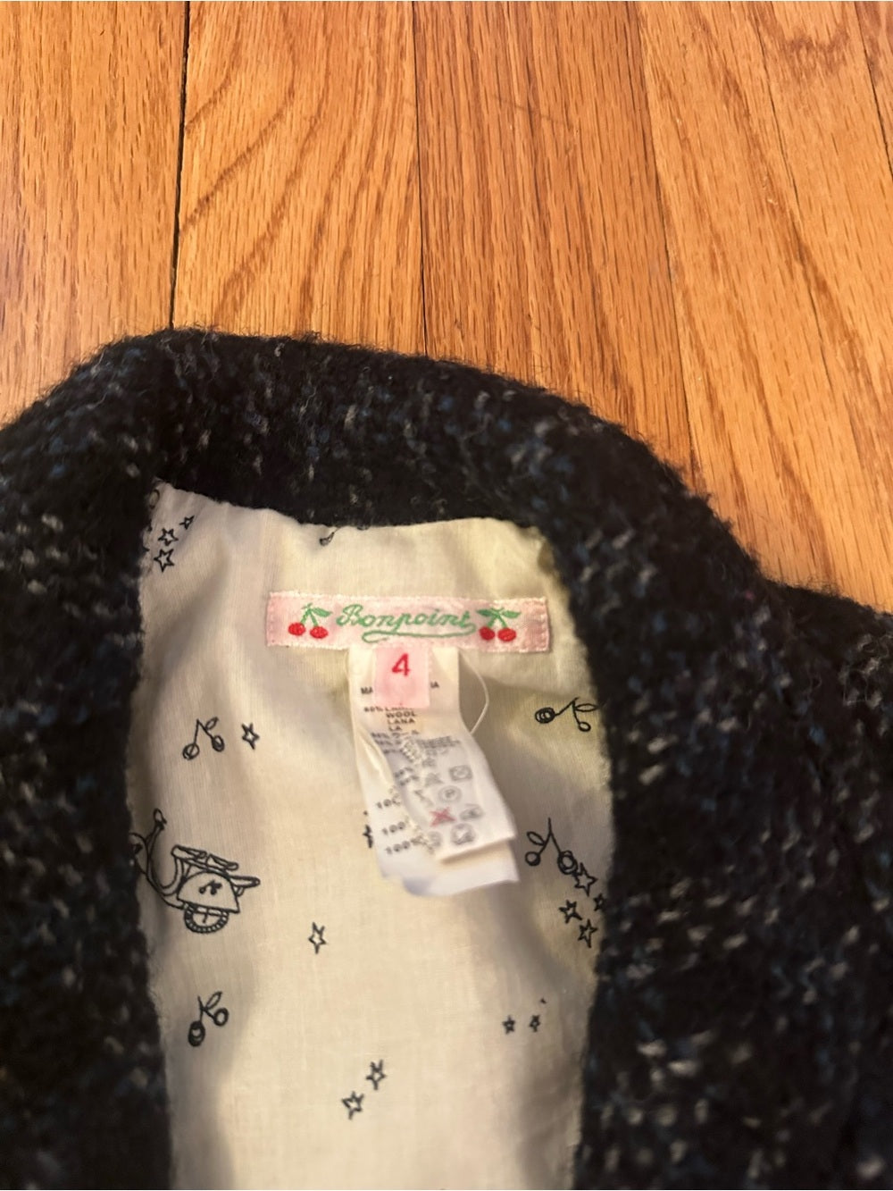 Bonpoint Kids Black Tweed Button Front Wool Coat with Subtle Threading Size 4