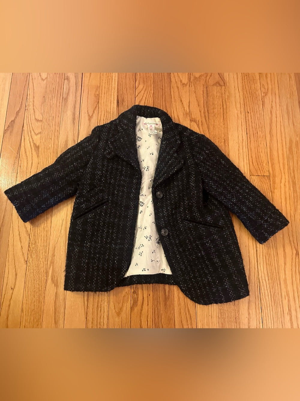 Bonpoint Kids Black Tweed Button Front Wool Coat with Subtle Threading Size 4