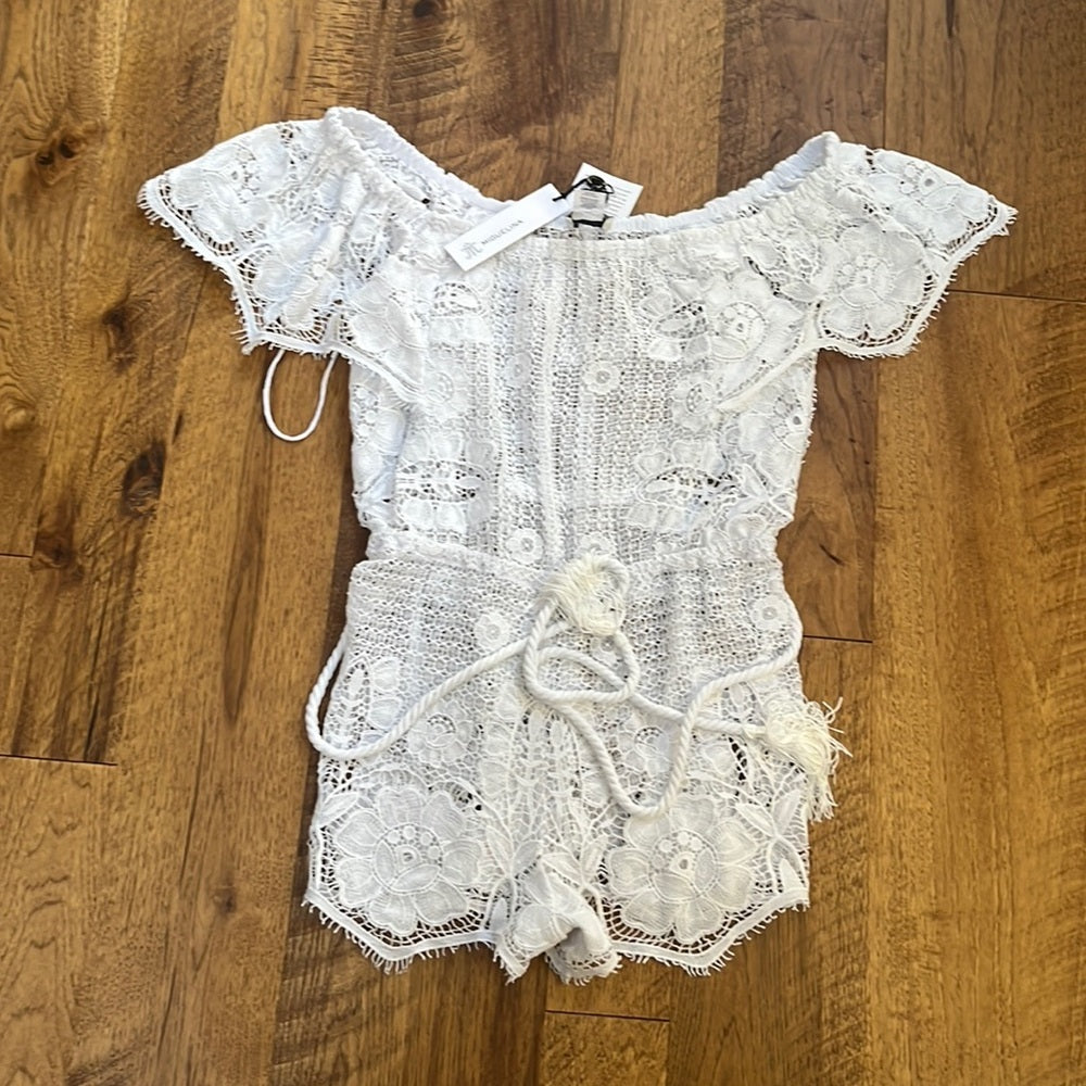NWT Miguelina Woman’s White Hibiscus Lace Romper Size M