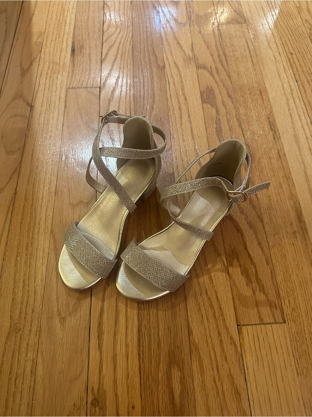Henainom Kids Strappy Metallic Gold Low Block Heel Sandals Size 13