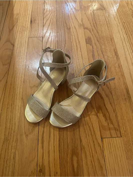 Henainom Kids Strappy Metallic Gold Low Block Heel Sandals Size 13