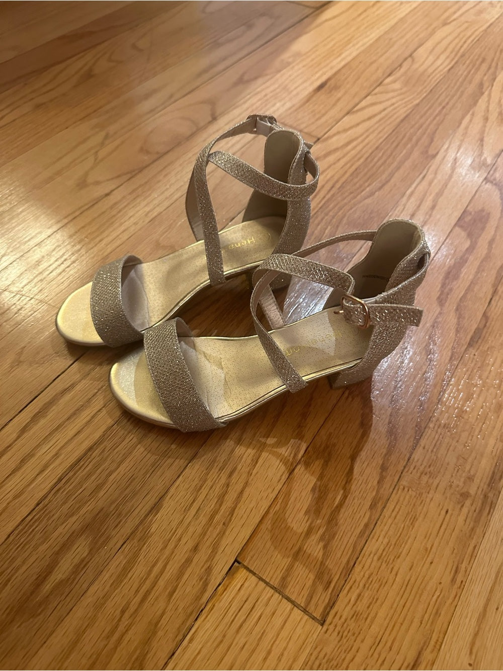 Henainom Kids Strappy Metallic Gold Low Block Heel Sandals Size 13