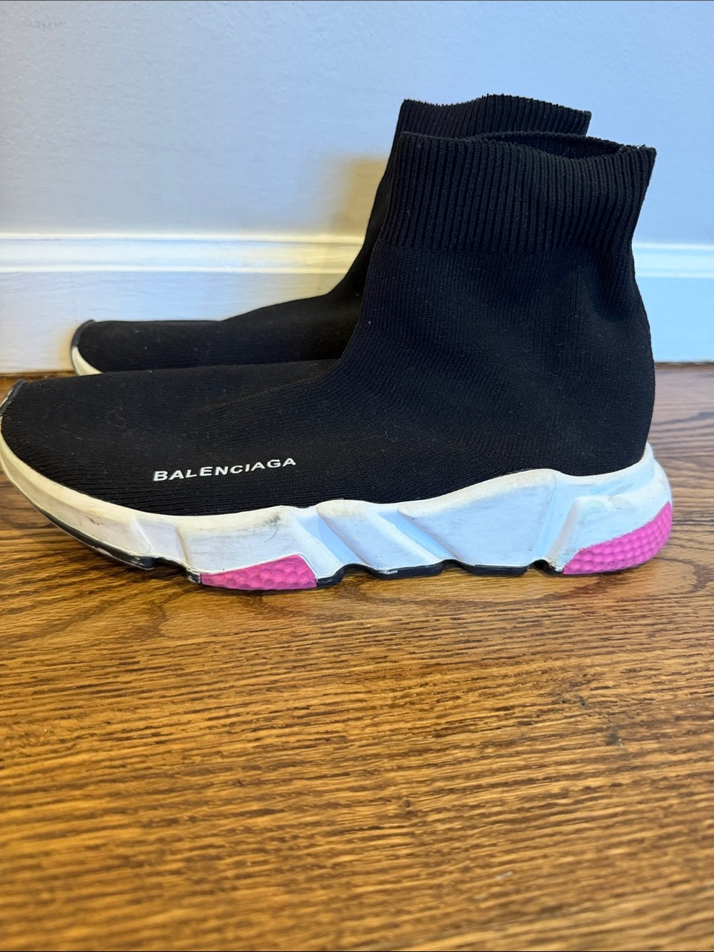 Balenciaga Black Knit Sock Sneakers with Pink and White Sole Size 38