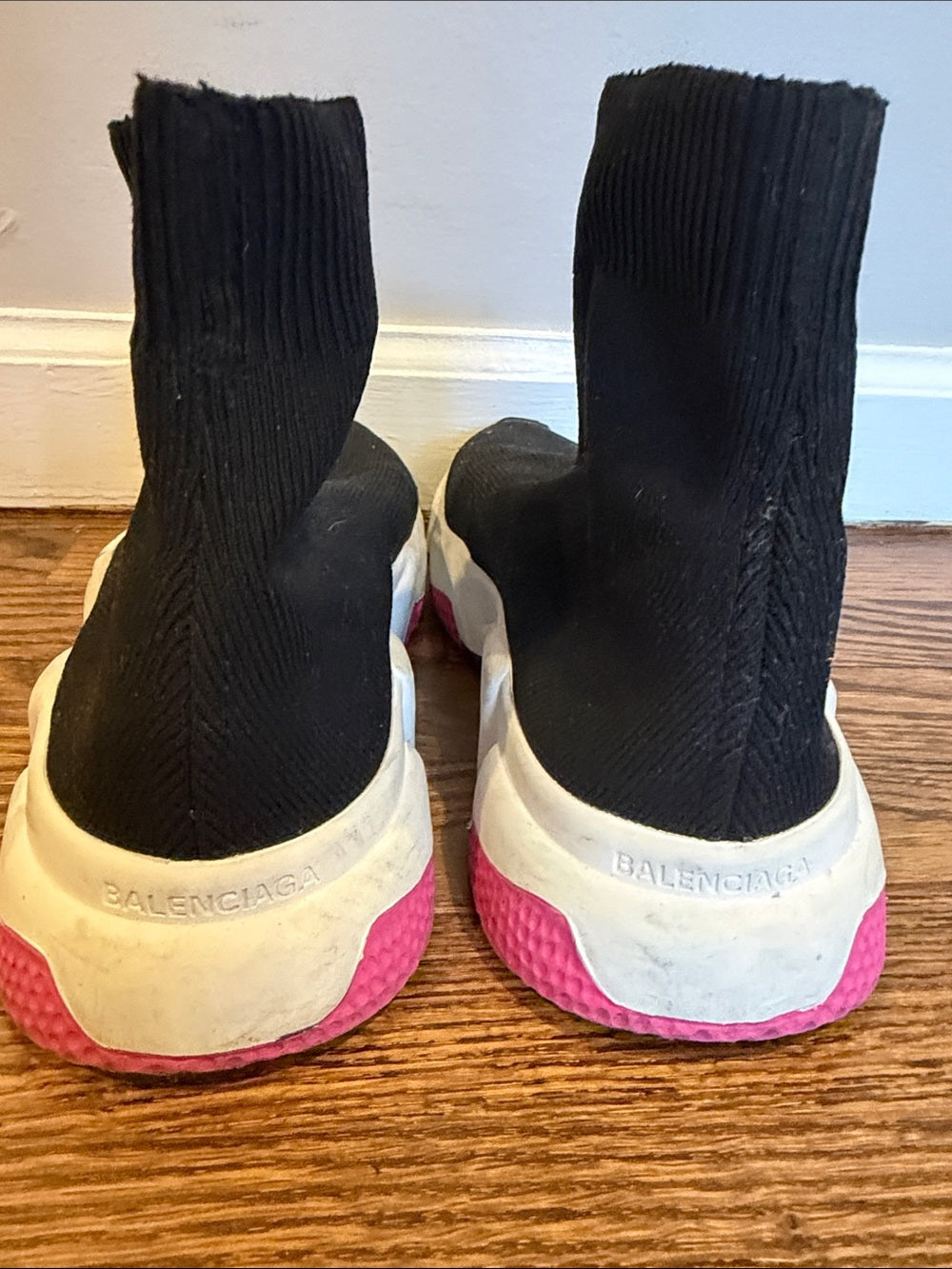 Balenciaga Black Knit Sock Sneakers with Pink and White Sole Size 38