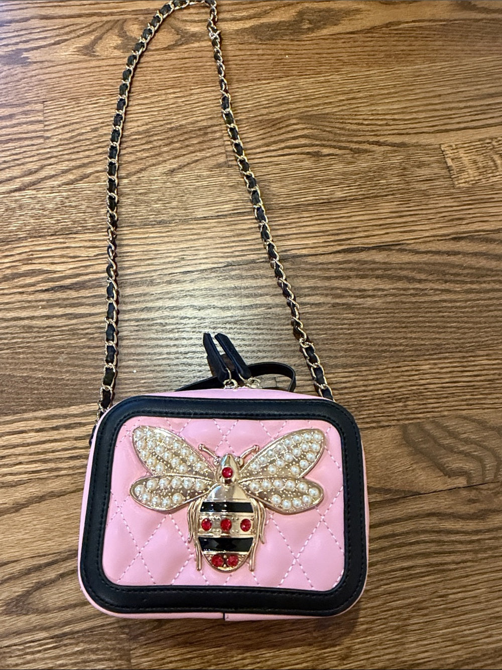 Chloe K Pink Quilted Crossbody Bag with Crystal Bee Accent