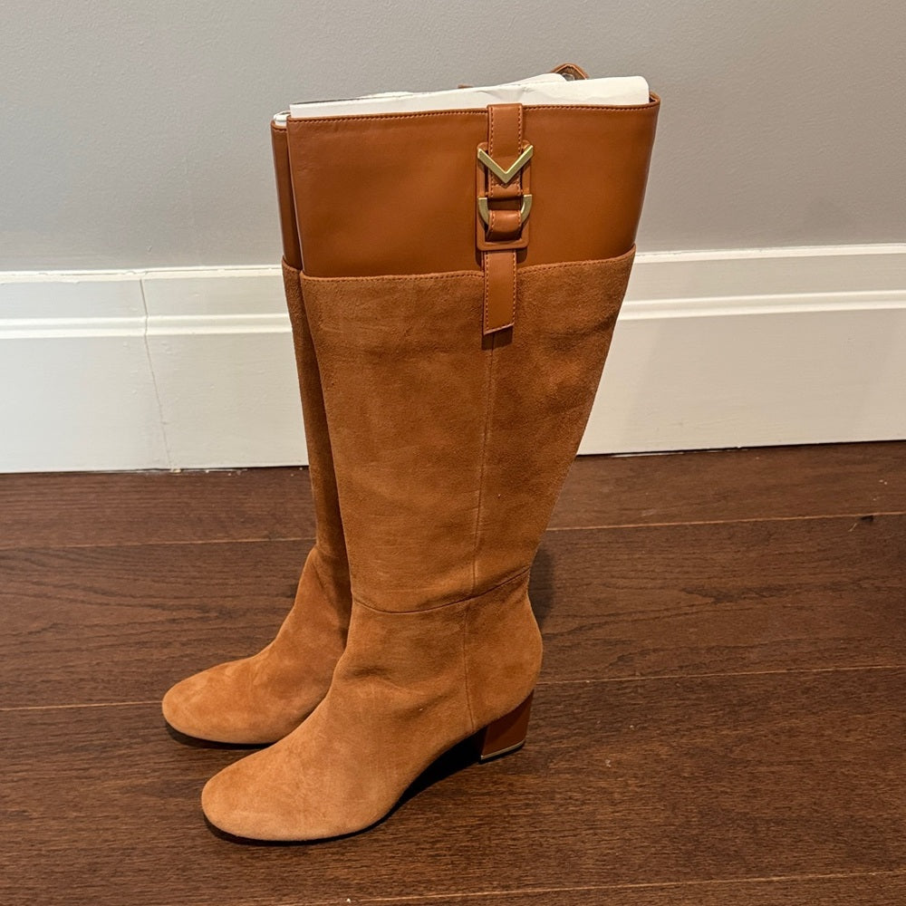 NWOT Calvin Klein Candace Tan Knee-High Suede and Leather Women's Boots Size 9