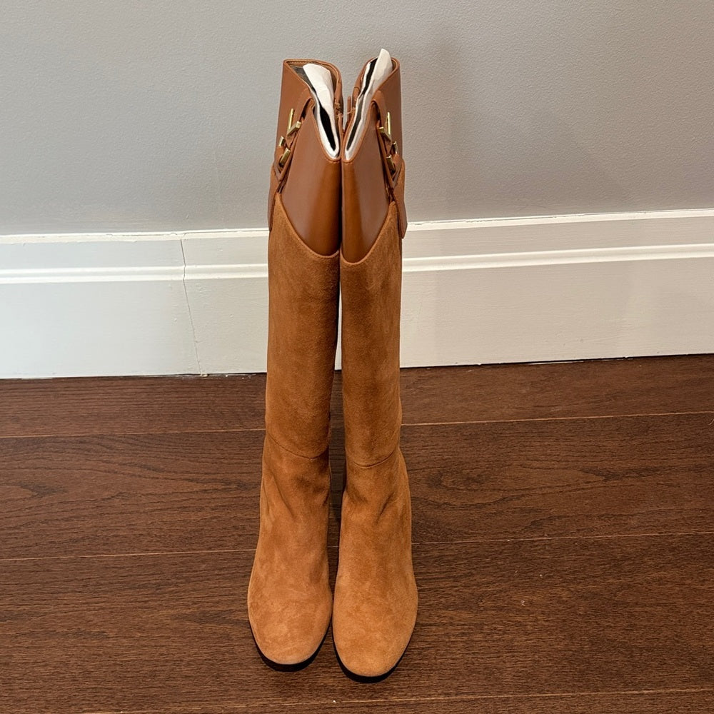 NWOT Calvin Klein Candace Tan Knee-High Suede and Leather Women's Boots Size 9