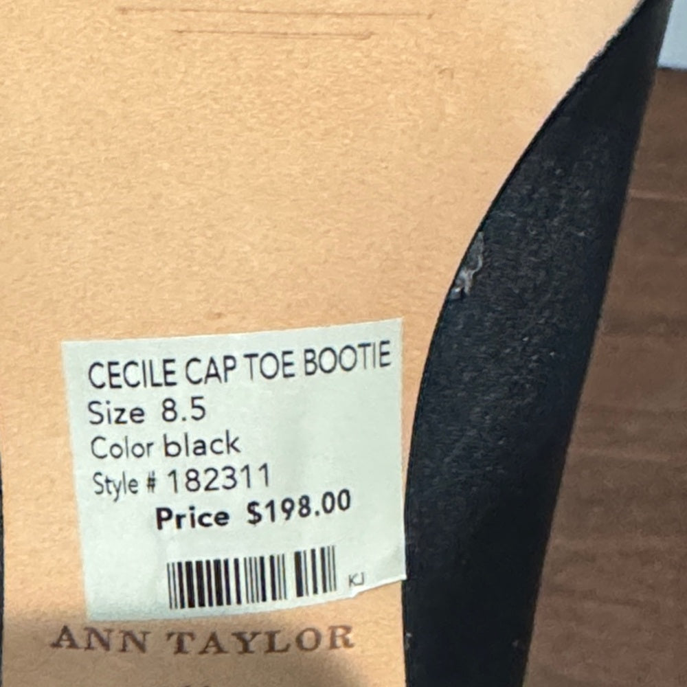 NWT Ann Taylor Cecile Black Ankle Boots with Glossy Cap Toe Size 8.5
