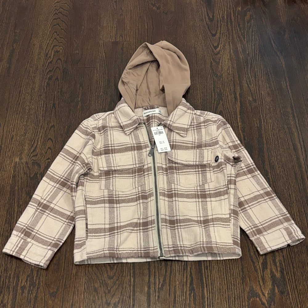 NWT Abercrombie Kids Cream and Brown Plaid Hoodie Size 7/8
