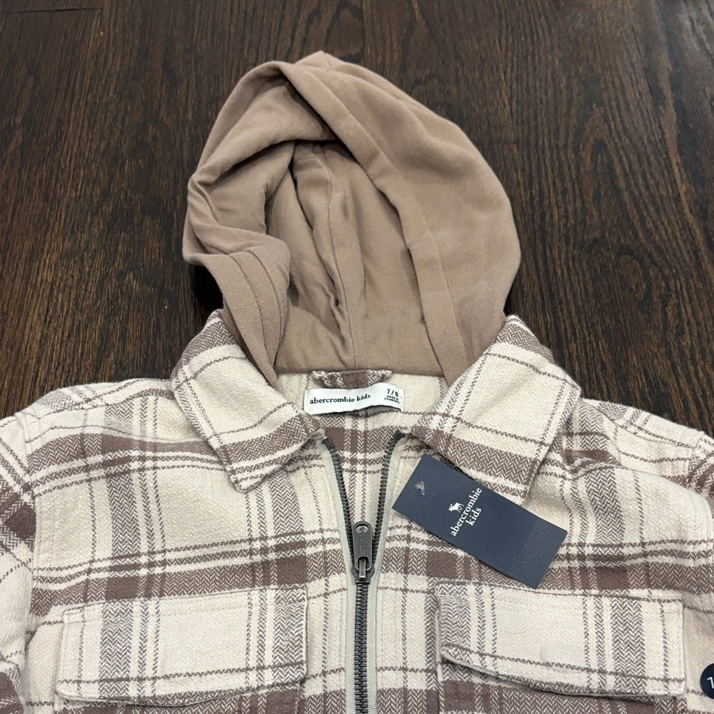 NWT Abercrombie Kids Cream and Brown Plaid Hoodie Size 7/8