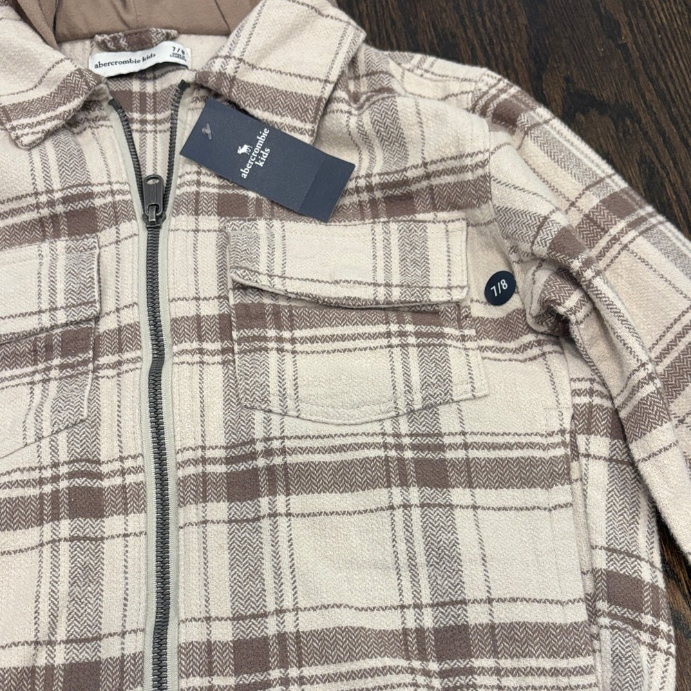 NWT Abercrombie Kids Cream and Brown Plaid Hoodie Size 7/8