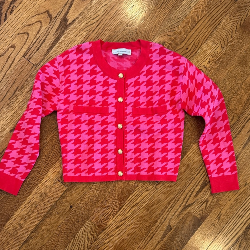 Central Park West Red and Pink Houndstooth Cardigan and Skirt Set Size Medium