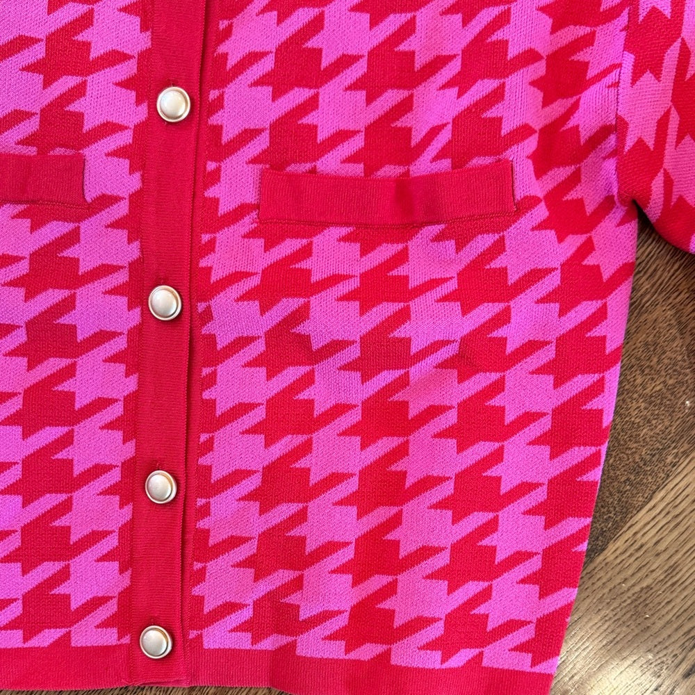 Central Park West Red and Pink Houndstooth Cardigan and Skirt Set Size Medium