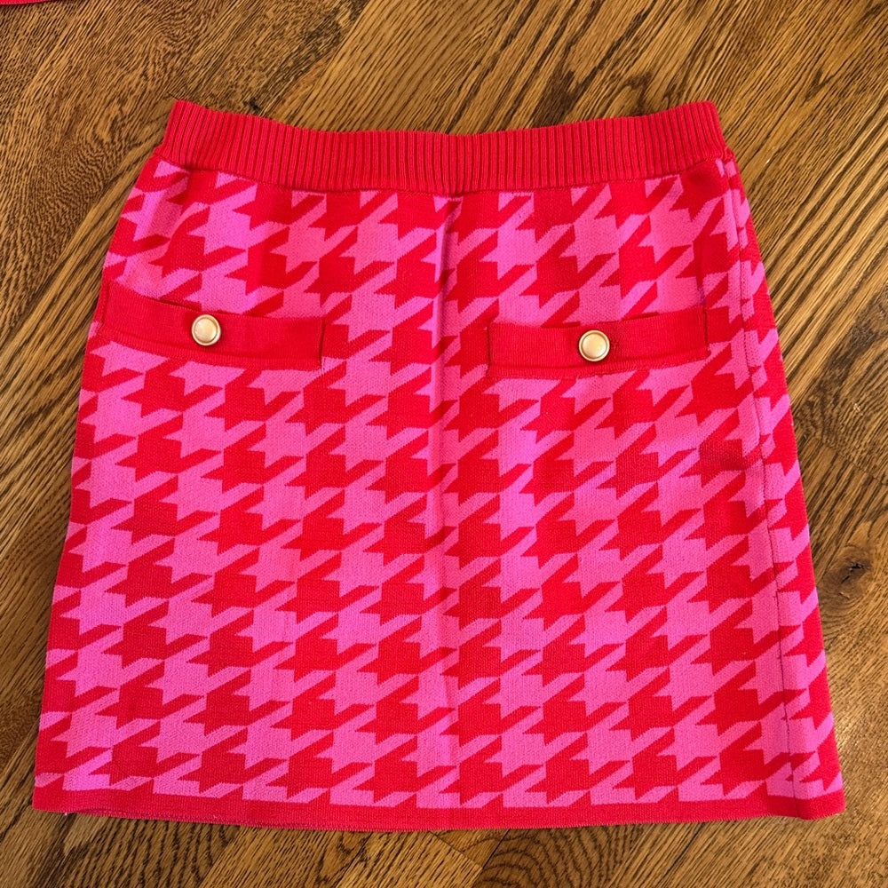 Central Park West Red and Pink Houndstooth Cardigan and Skirt Set Size Medium