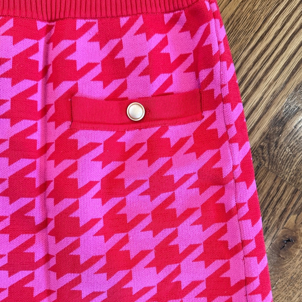 Central Park West Red and Pink Houndstooth Cardigan and Skirt Set Size Medium