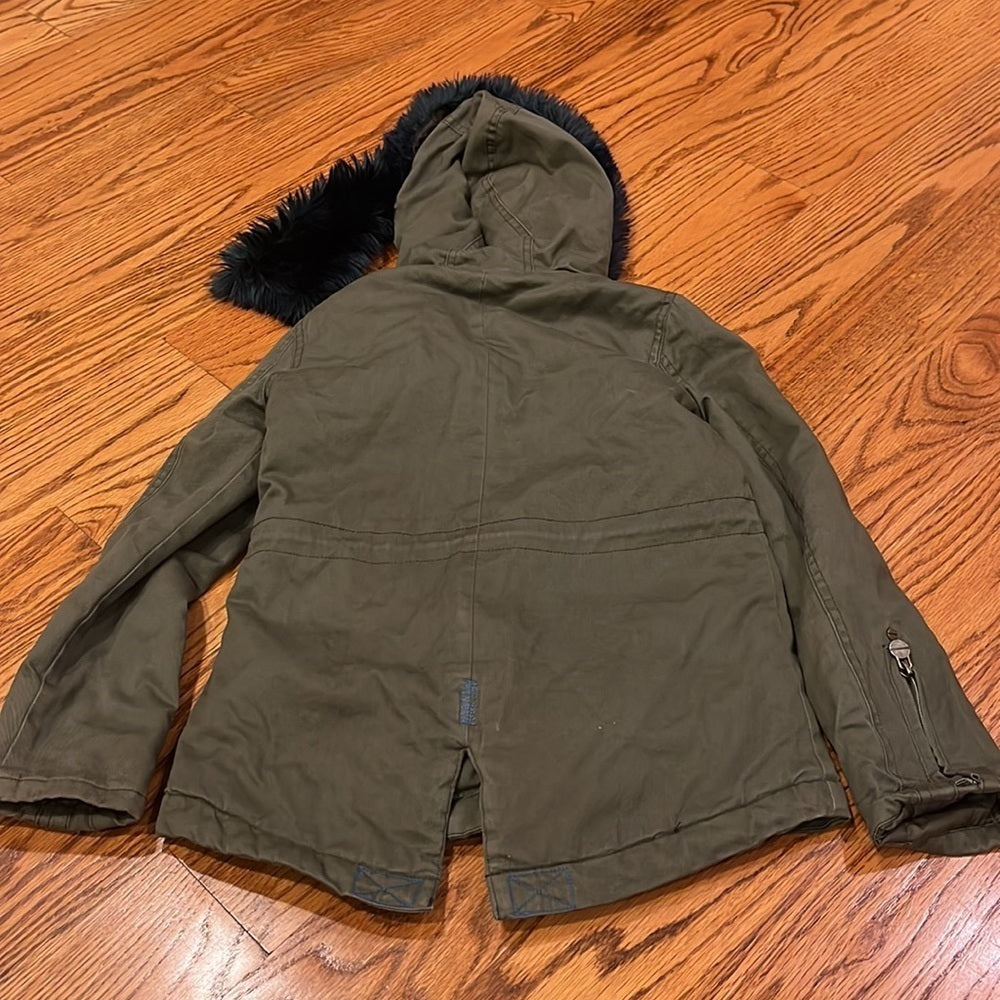 Aqua Girl’s Army Green Jacket With Fur Hood Size S