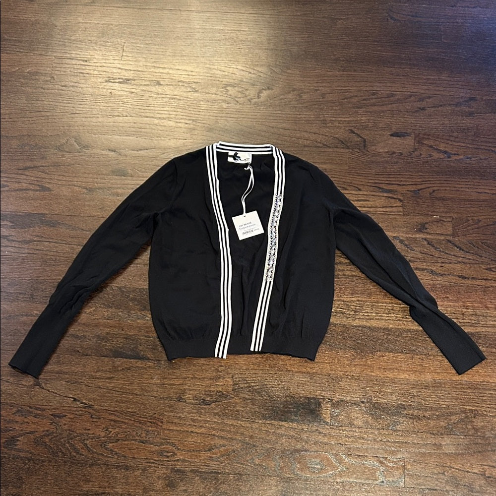NWT Mo Secrets Women’s Black Cardigan with White Stripes Size Small