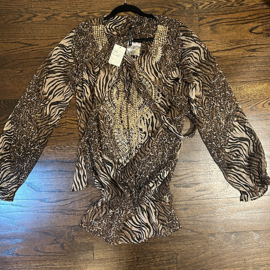 NWT Kay Celine Women’s Brown Zebra Print Blouse Size Large