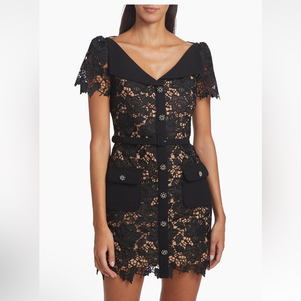 NWT Self-Portrait Guipure Black Lace Short-Sleeve Minidress Size 0