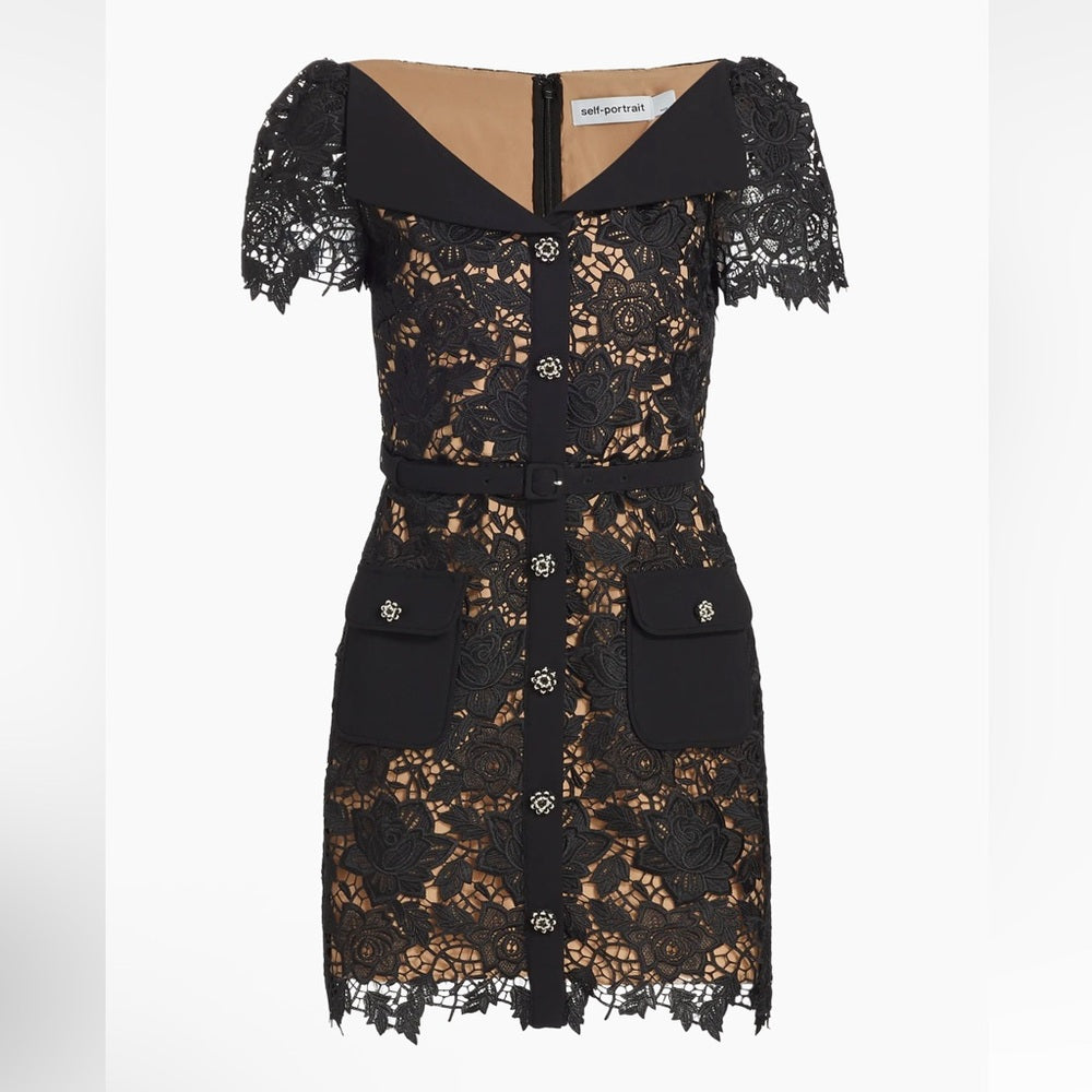 NWT Self-Portrait Guipure Black Lace Short-Sleeve Minidress Size 0