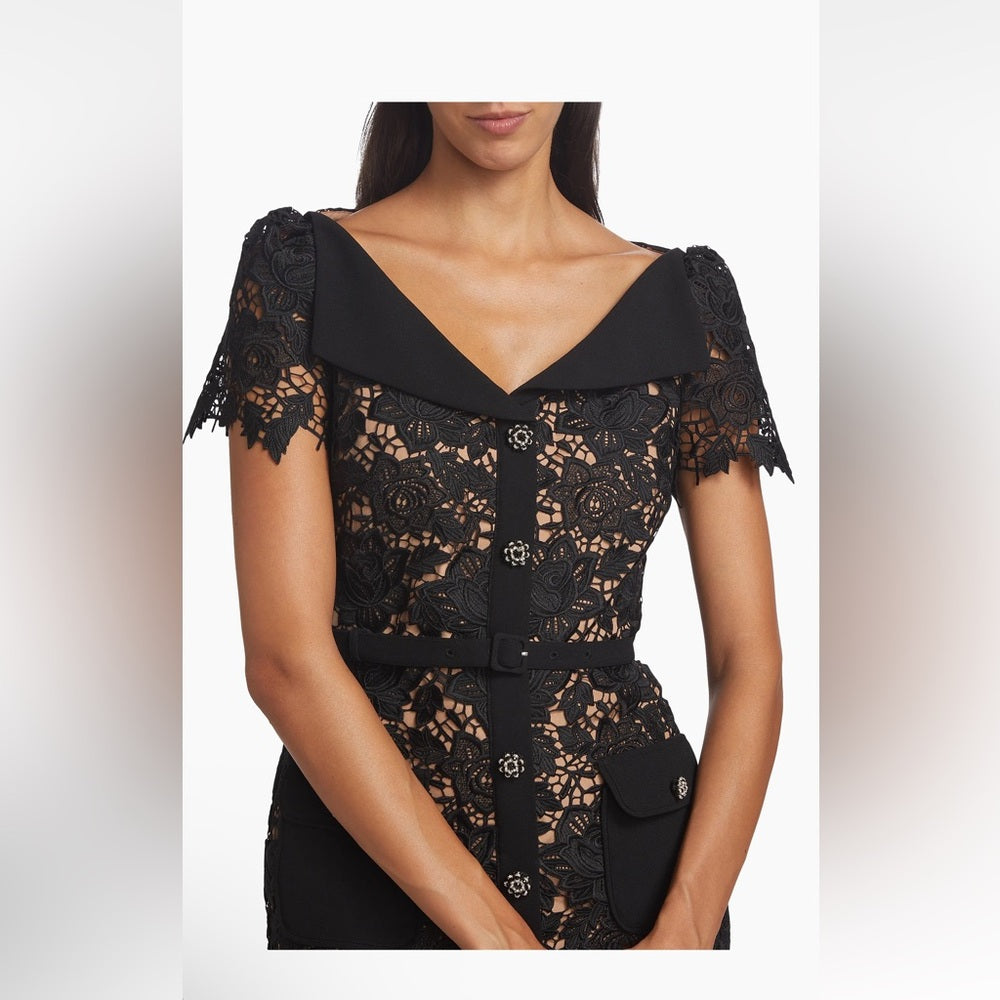 NWT Self-Portrait Guipure Black Lace Short-Sleeve Minidress Size 0