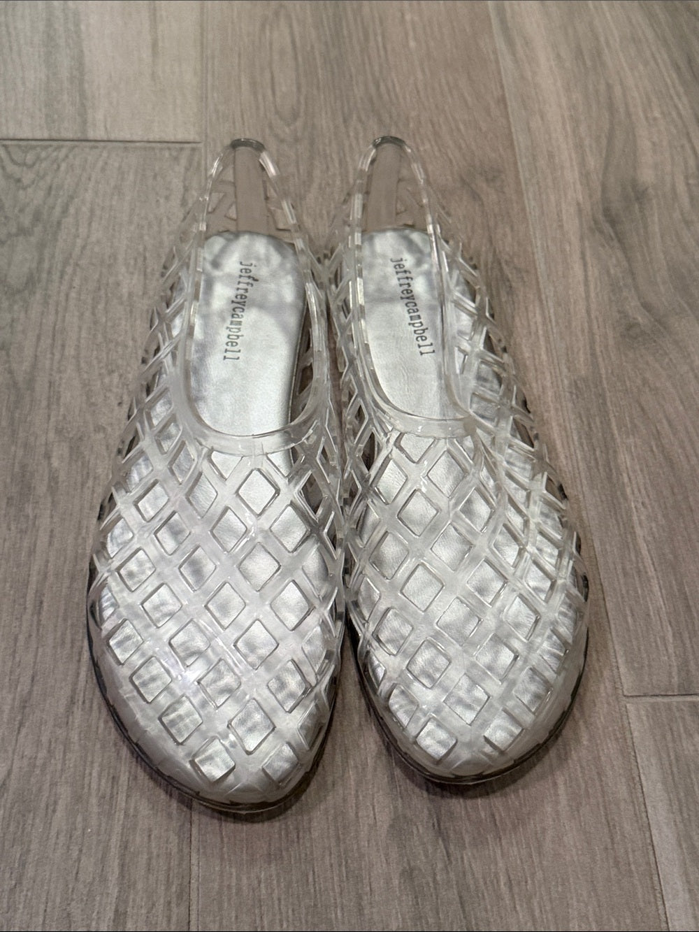 Jeffrey Campbell Woman’s Clear Silver Lattice Slip-On Shoes Size 8