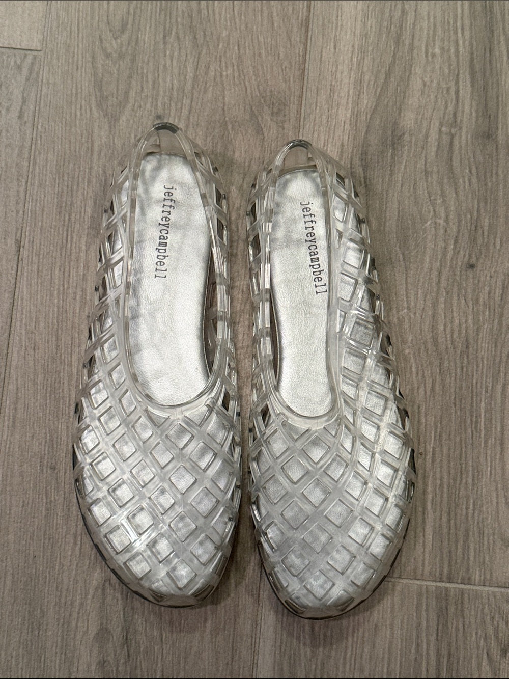 Jeffrey Campbell Woman’s Clear Silver Lattice Slip-On Shoes Size 8