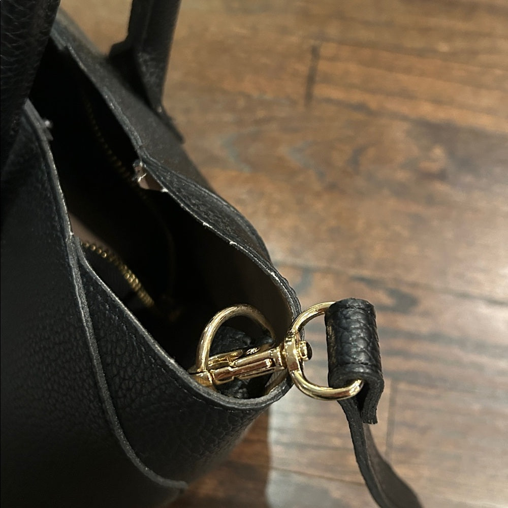 Black Leather Handbag with Gold Accents