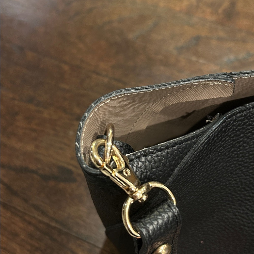 Black Leather Handbag with Gold Accents