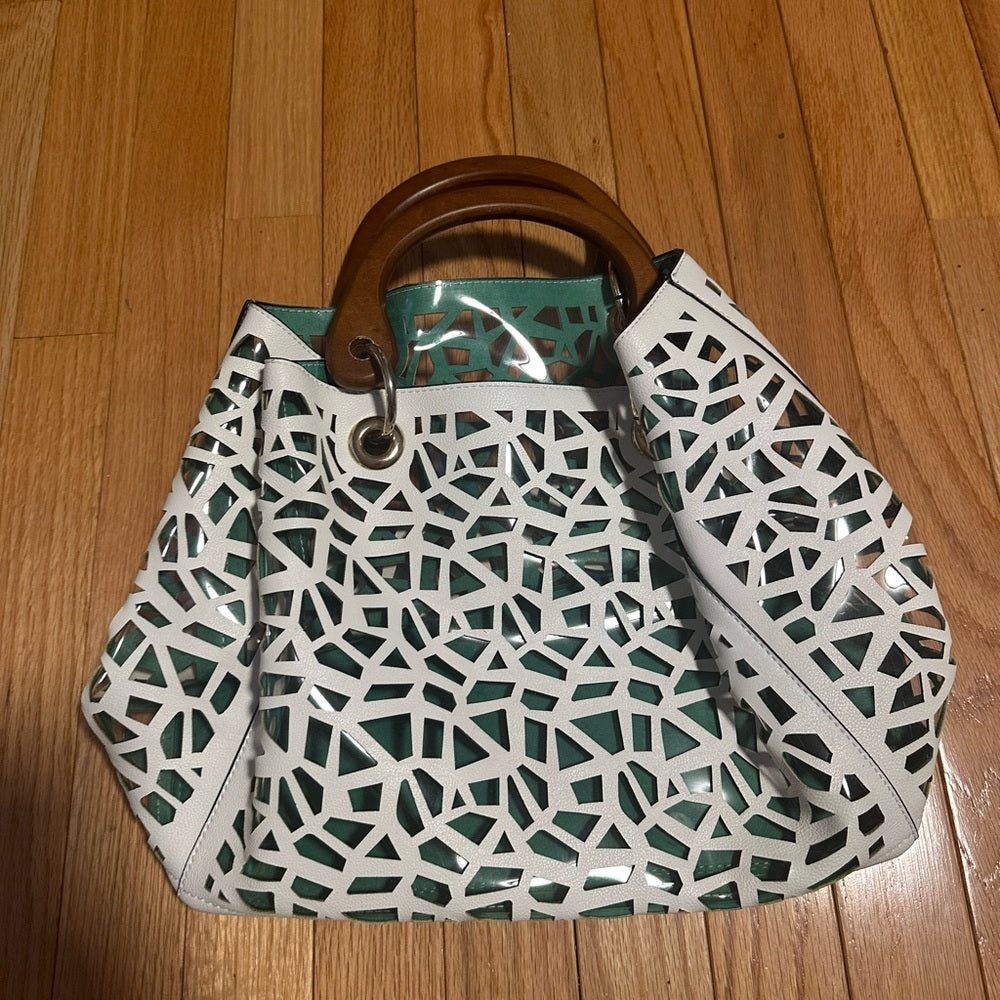 Women’s White Cutout Tote Bag with Wooden Handles