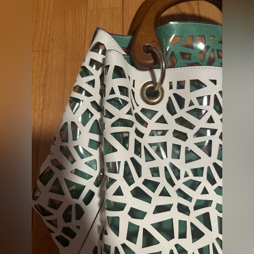 Women’s White Cutout Tote Bag with Wooden Handles