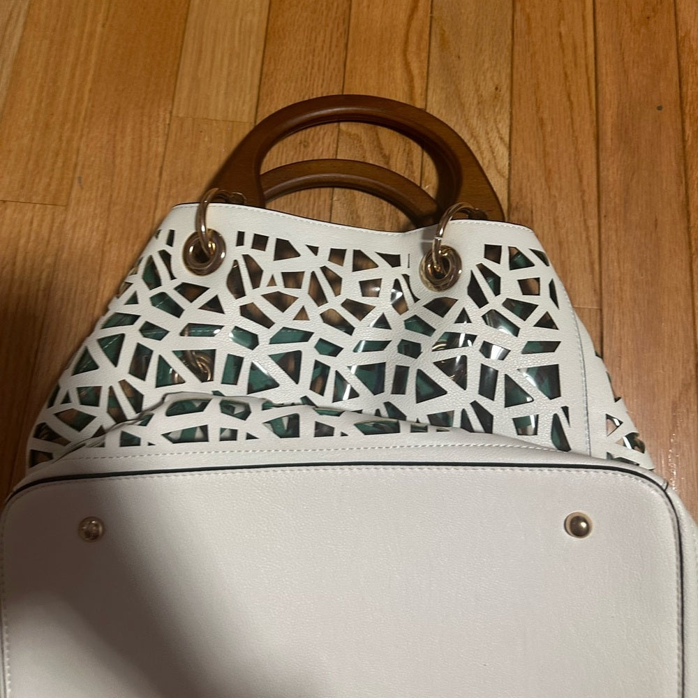 Women’s White Cutout Tote Bag with Wooden Handles