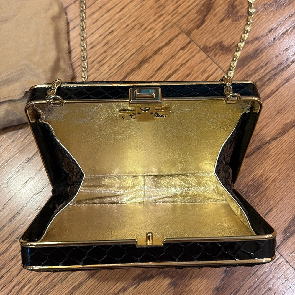 Sondra Robert’s Woman’s Black Leather Bag Gold Chain