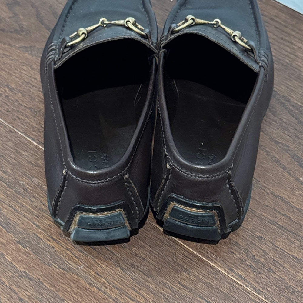 Gucci Men's Brown Leather Horsebit Loafers Classic Slip-On Dress Shoes Size 9.5