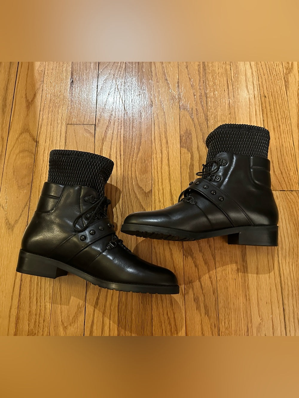 Stuart Weitzman Women’s Black Nappa Stitch Work Combat Boots Size 8
