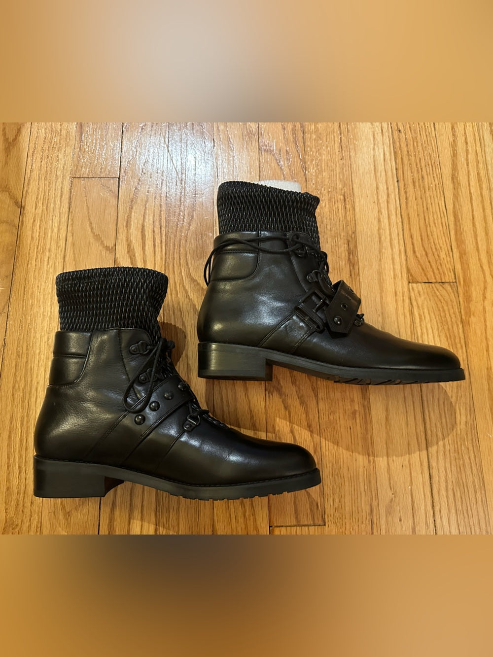 Stuart Weitzman Women’s Black Nappa Stitch Work Combat Boots Size 8