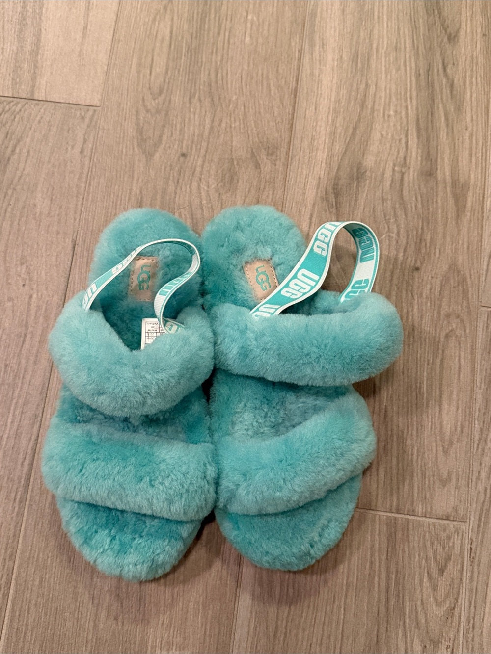 UGG Girls Teal Fuzzy Double-Band Slide Sandals Size 4