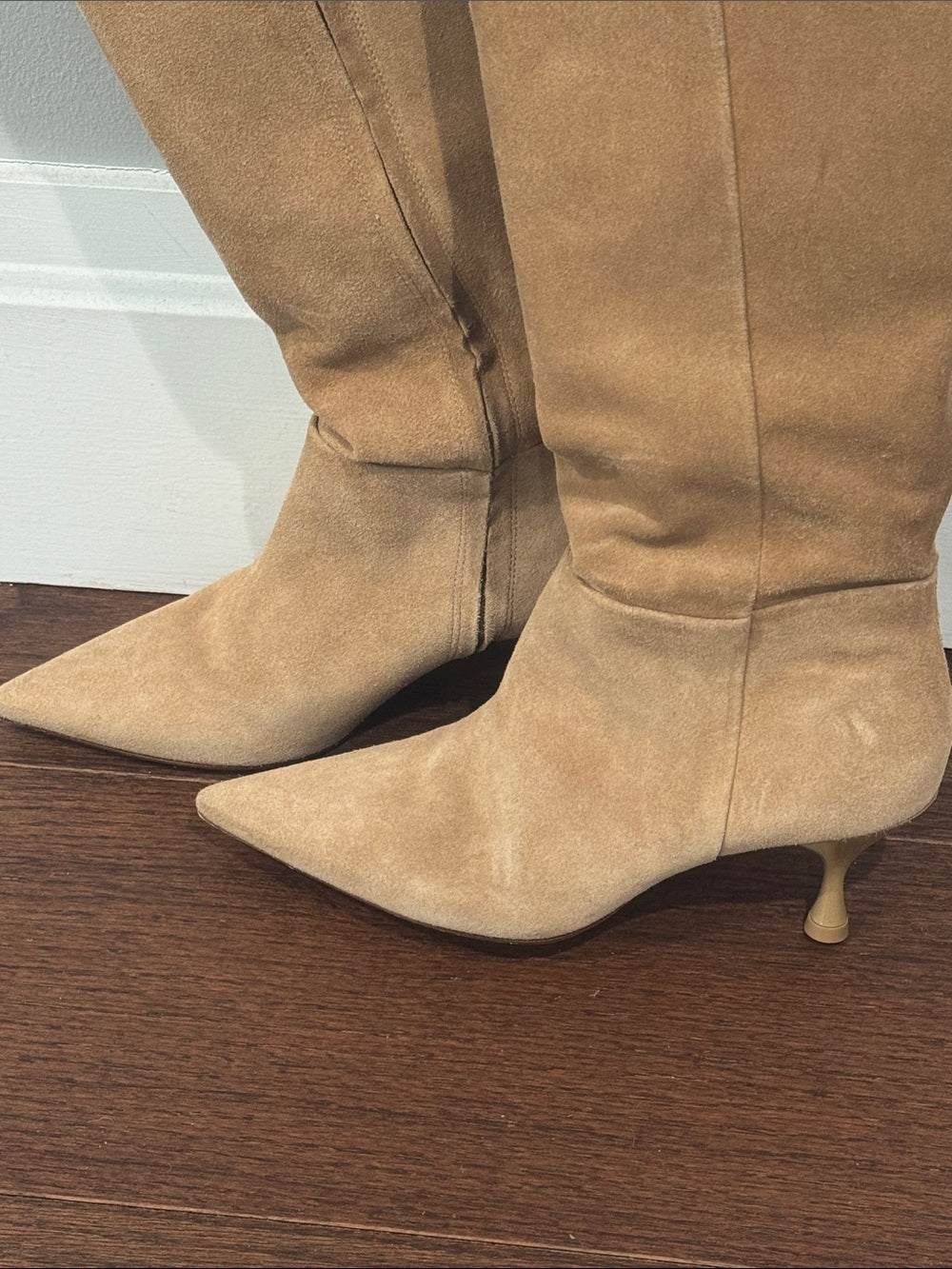 Larroude Suede Knee-High Boots in Tan - Women's Fashion Boots Size 7