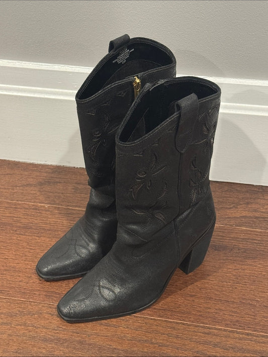 Vince Camuto Black Western-Inspired Leather Mid-Calf Boots Size 7.5