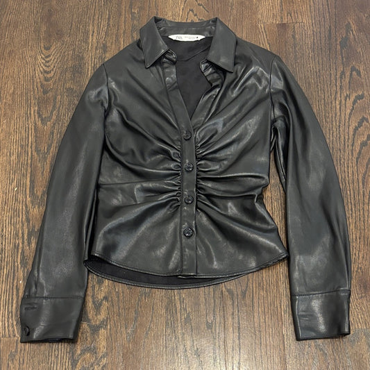 Zara Women’s Black Faux Leather Ruched Button Front Jacket Size XS