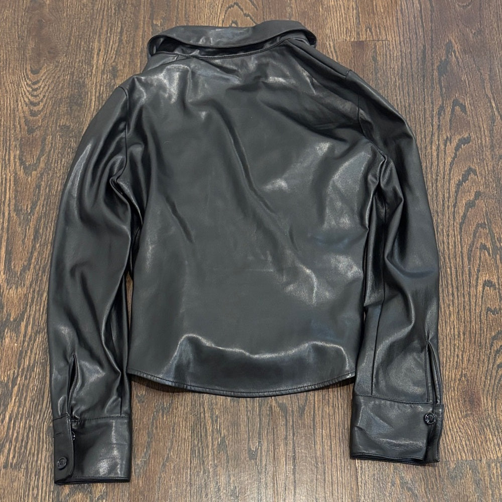 Zara Women’s Black Faux Leather Ruched Button Front Jacket Size XS