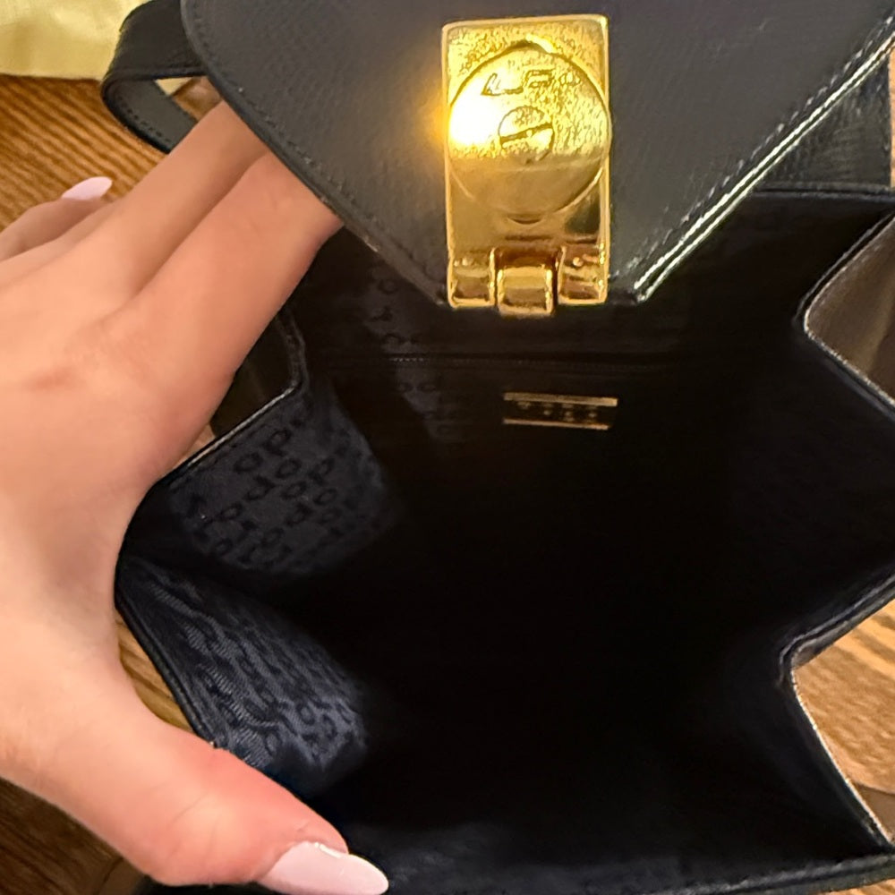 Rodo Black Leather Crossbody Bag with Gold Clasp