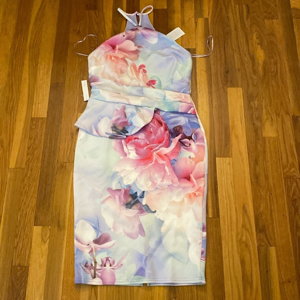 NWT Lipsy Women’s Pink and Purple Pastel Floral Printed Halter Dress Size 10