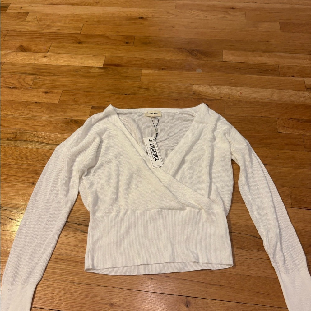NWT L’AGENCE Women’s Blair Petal Crossover White Wrap Sweater Size XS