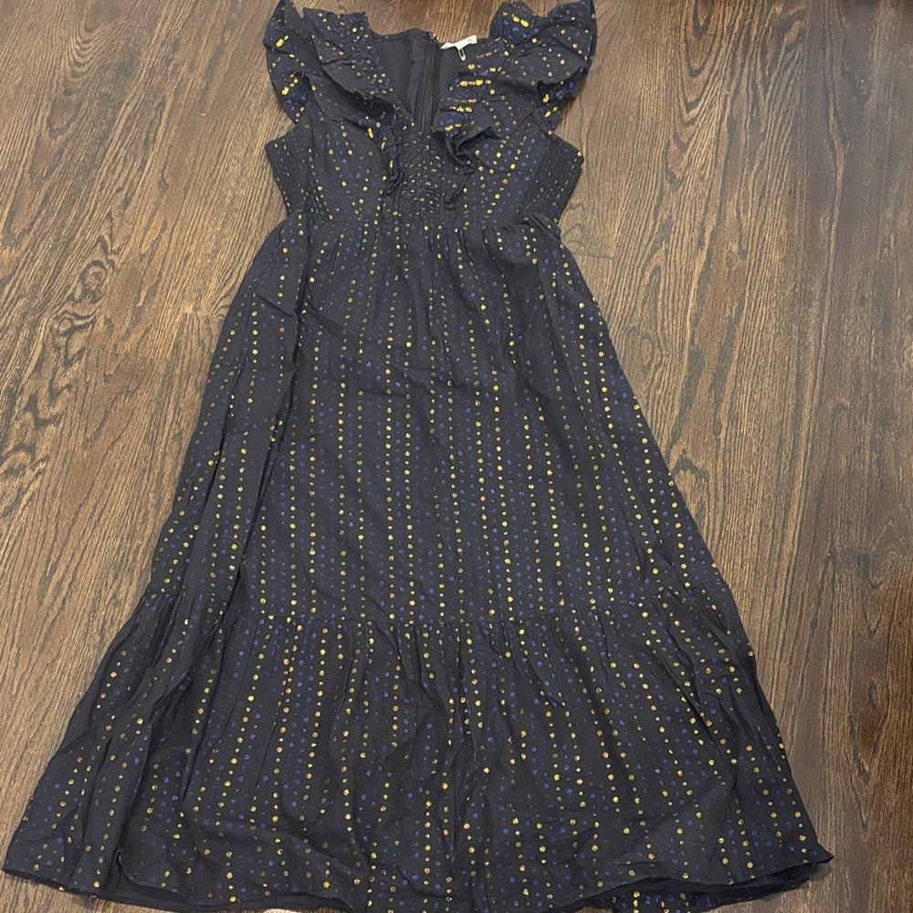 NWT Rolle Rabbit Women’s Black Maxi Dress Gold & Blue Polka Dots Size Medium