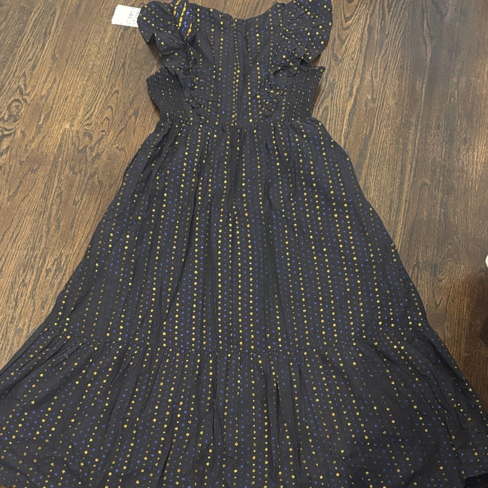 NWT Rolle Rabbit Women’s Black Maxi Dress Gold & Blue Polka Dots Size Medium