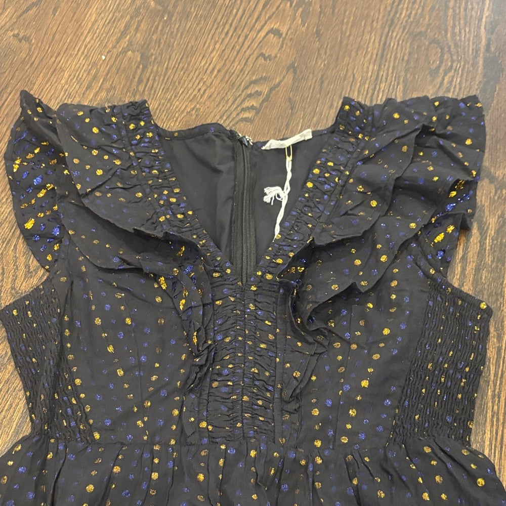 NWT Rolle Rabbit Women’s Black Maxi Dress Gold & Blue Polka Dots Size Medium