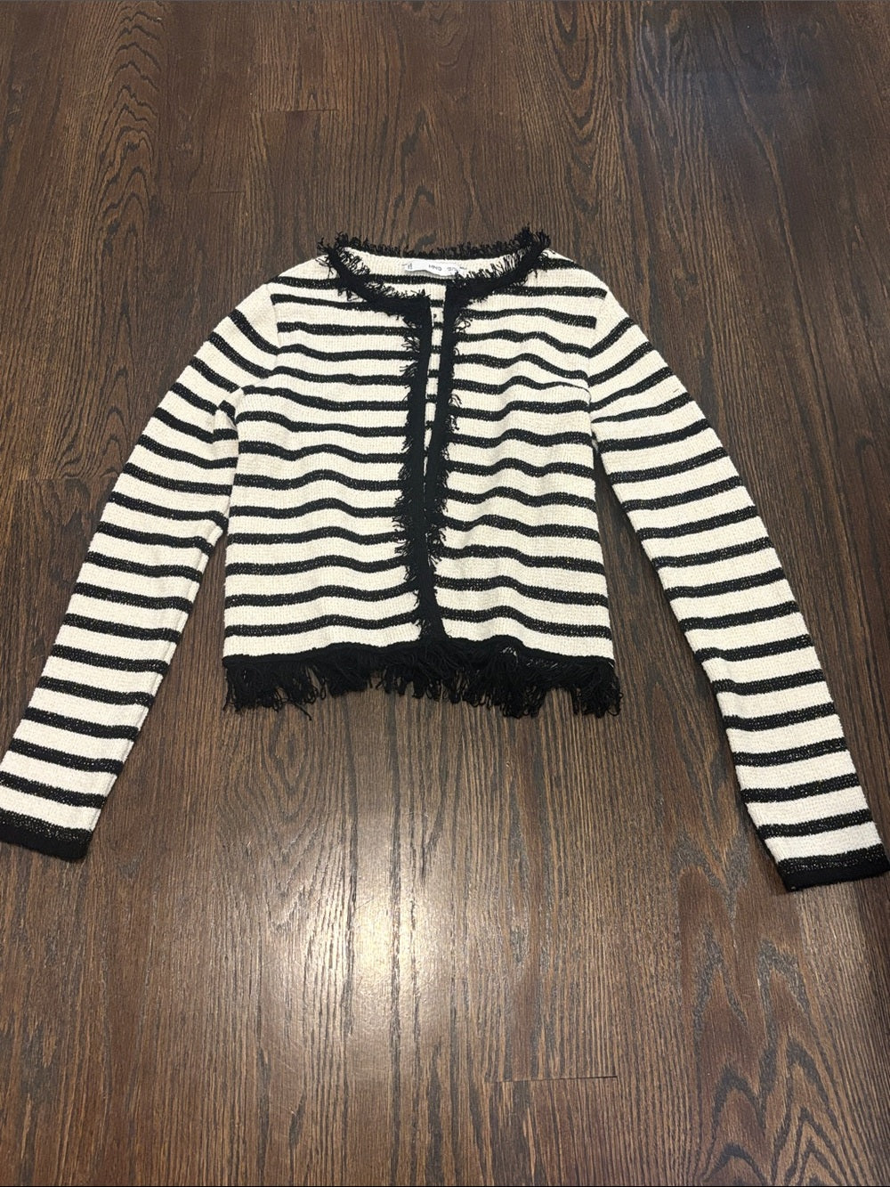 Mango Women’s Black & White Striped Fringe-Trim Cardigan Size X Small
